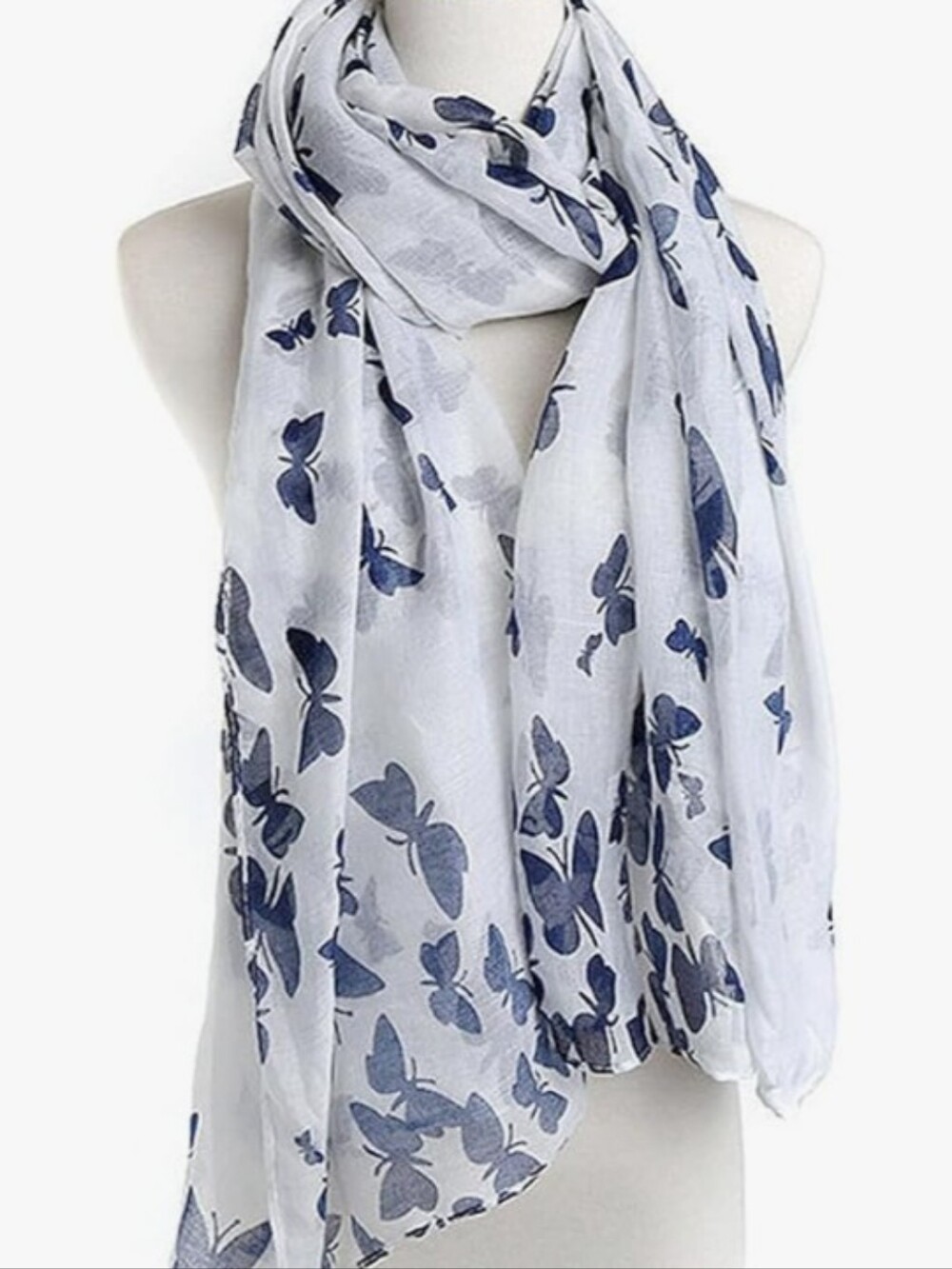White Scarf with Navy Butterfly Print - Women Accessories